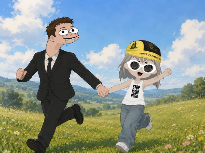 Drooling cartoon Elon running through a meadow holding hands with a kid in a STOP BEING POOR tank top